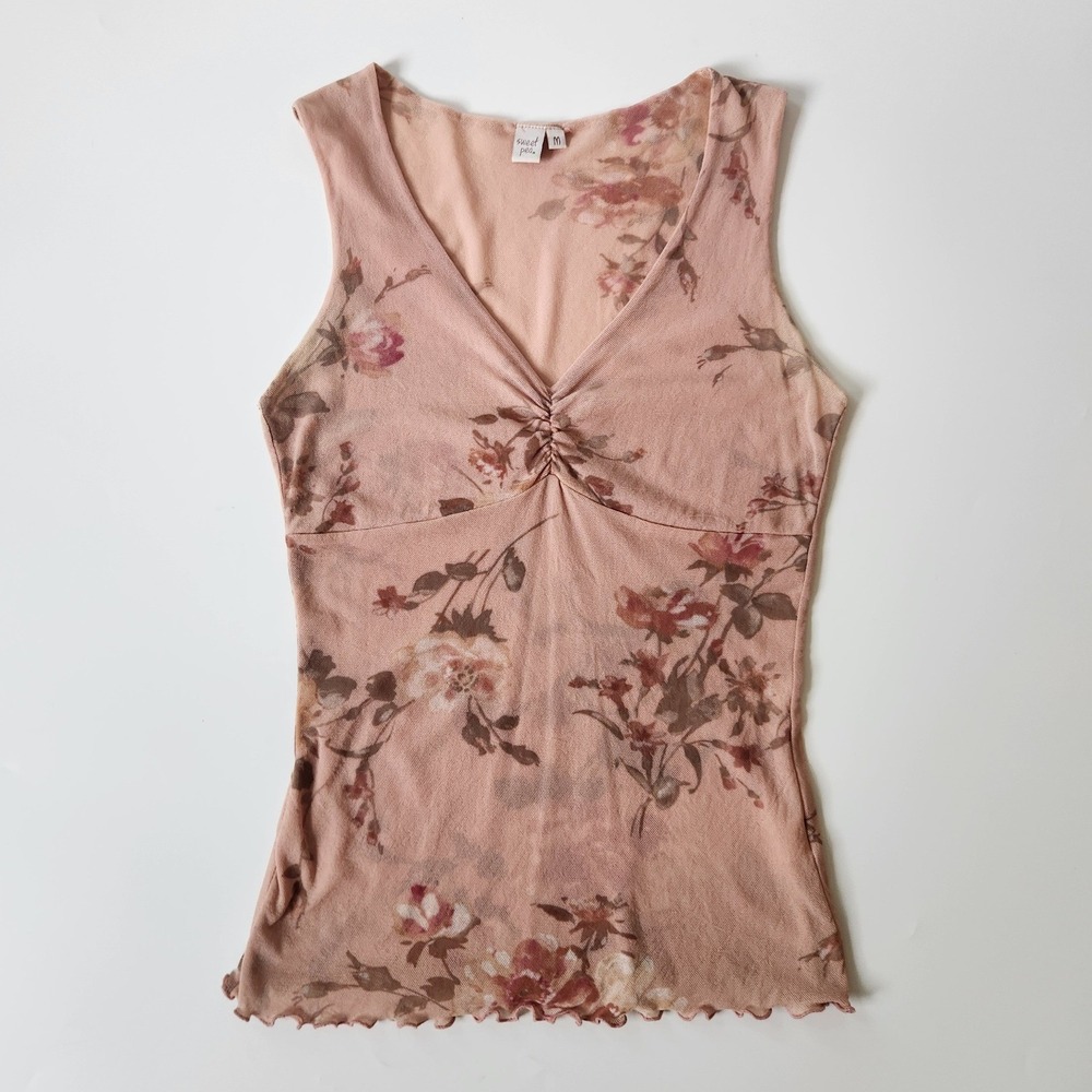 Vintage Sweet Pea Sleeveless Empire Waist Mesh Tank Top Medium Floral Whimsigoth